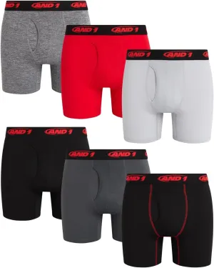 AND1 Mens Boxer Briefs - 6 Pack Stretch Performance Mens Underwear Boxers with Functional Fly Pouch (Sizes: S-3XL)