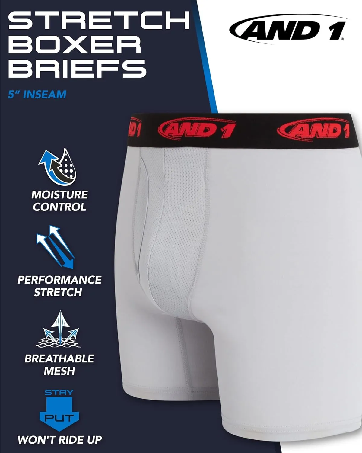 AND1 Mens Boxer Briefs - 6 Pack Stretch Performance Mens Underwear Boxers with Functional Fly Pouch (Sizes: S-3XL)