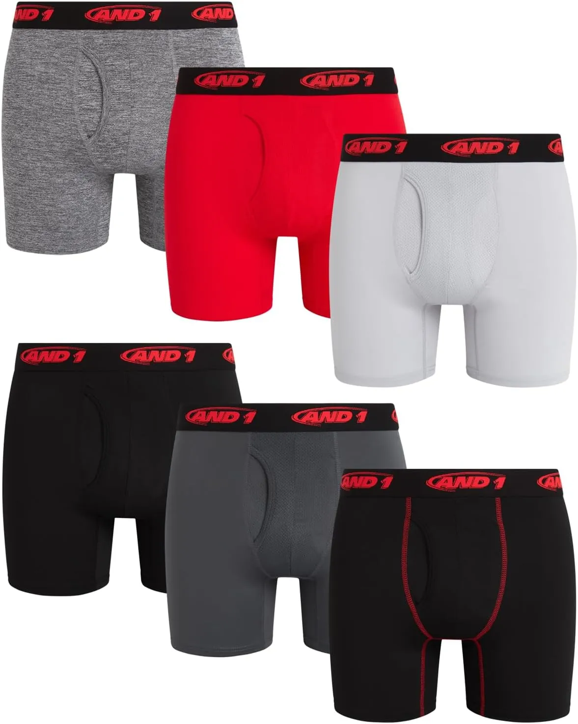 AND1 Mens Boxer Briefs - 6 Pack Stretch Performance Mens Underwear Boxers with Functional Fly Pouch (Sizes: S-3XL)