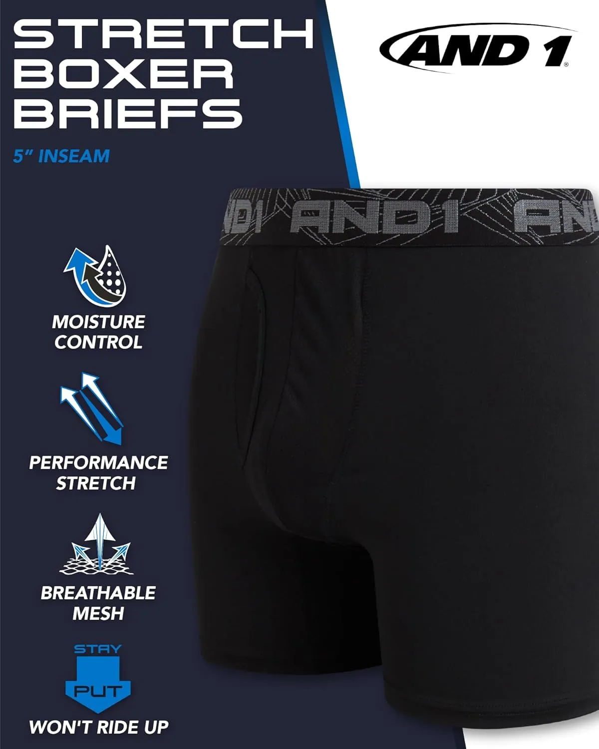 AND1 Mens Boxer Briefs - 6 Pack Stretch Performance Mens Underwear Boxers with Functional Fly Pouch (Sizes: S-3XL)