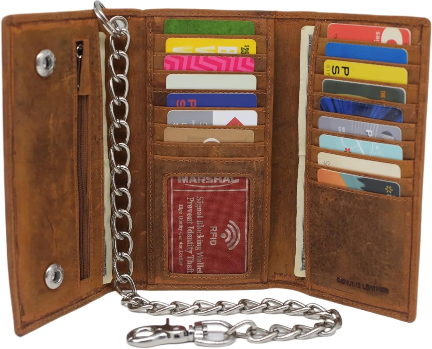 Biker Skull Chain Wallet RFID Signal Blocking Men's Vintage Leather Long Tri-fold Chain Checkbook Card ID Wallet (Skull Tan)