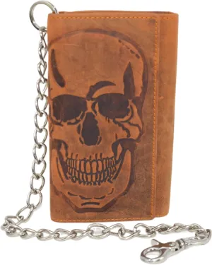 Biker Skull Chain Wallet RFID Signal Blocking Men's Vintage Leather Long Tri-fold Chain Checkbook Card ID Wallet (Skull Tan)
