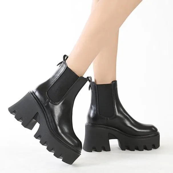 Black chunky platform high cut chelsea boots for women