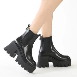 Black chunky platform high cut chelsea boots for women
