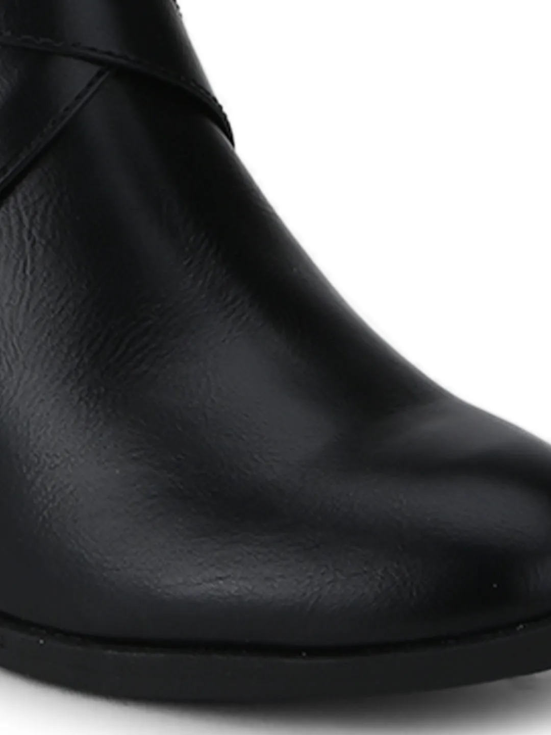 Black PU Low Block Heel Buckled Ankle Length Boots