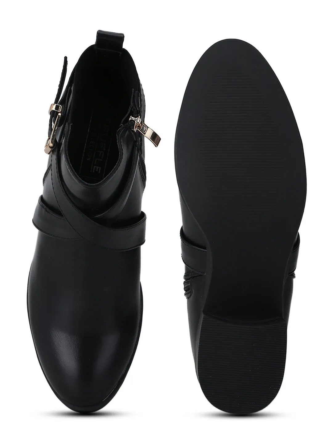 Black PU Low Block Heel Buckled Ankle Length Boots