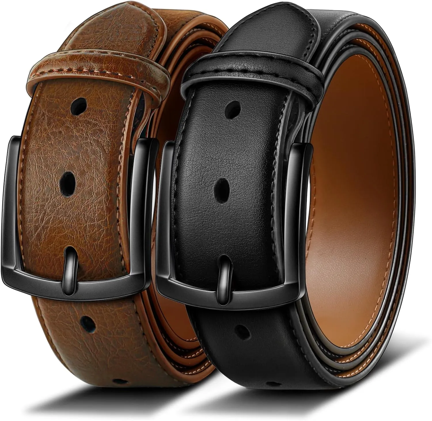 BULLIANT Men Belt 2Pack-Leather Belt 7Holes Comfortable For Men's Dress Casual Jeans 1 3/8"