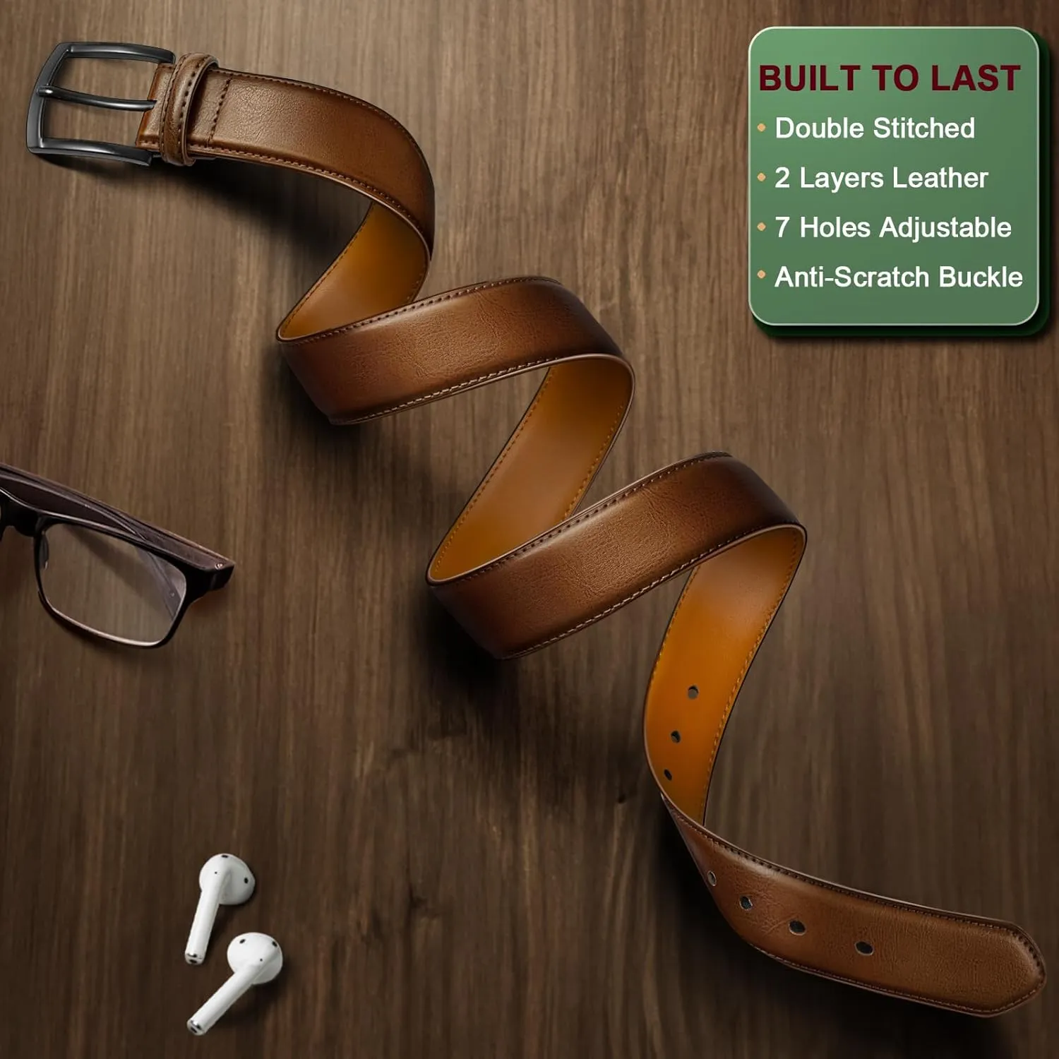 BULLIANT Men Belt 2Pack-Leather Belt 7Holes Comfortable For Men's Dress Casual Jeans 1 3/8"