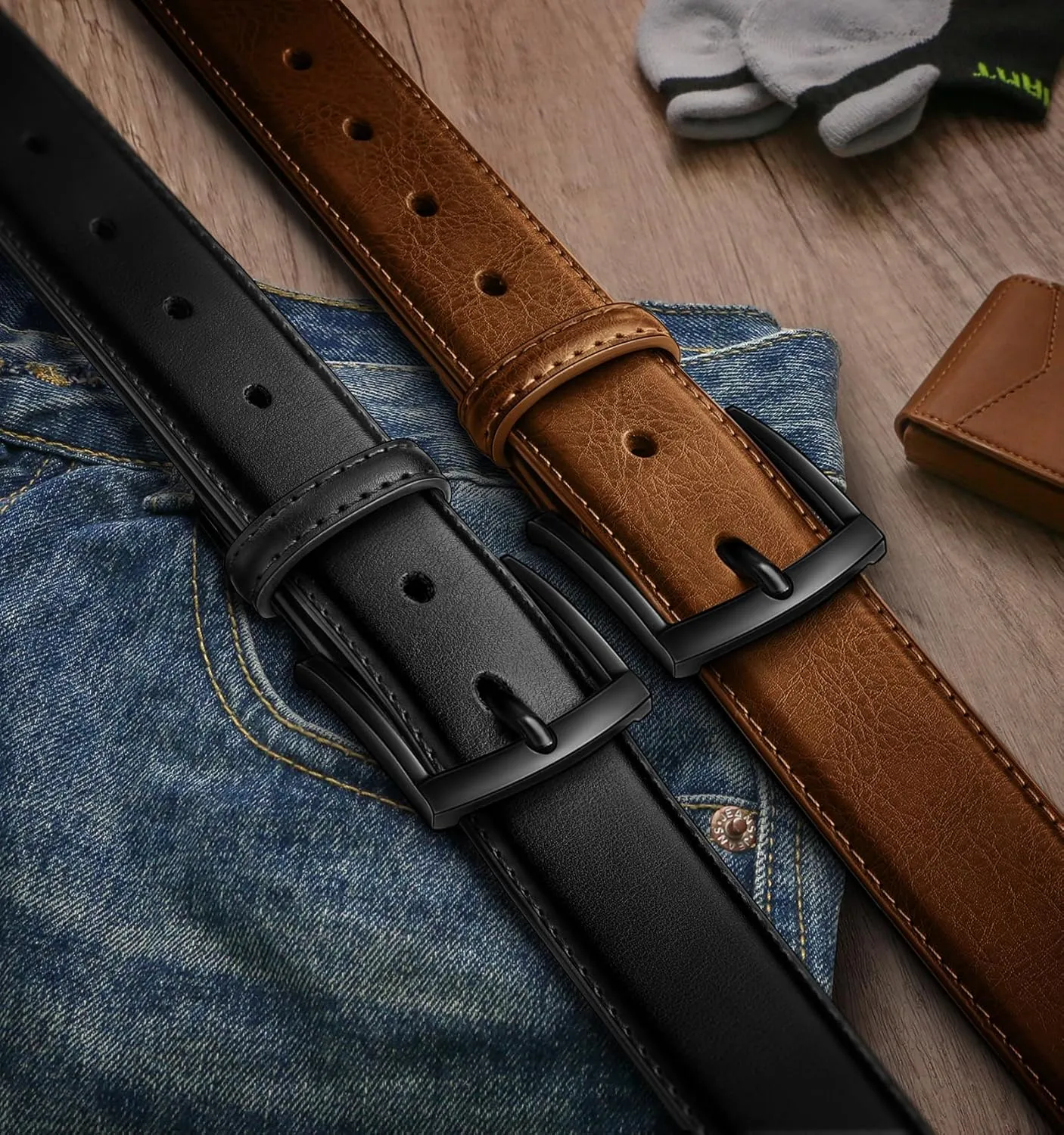 BULLIANT Men Belt 2Pack-Leather Belt 7Holes Comfortable For Men's Dress Casual Jeans 1 3/8"