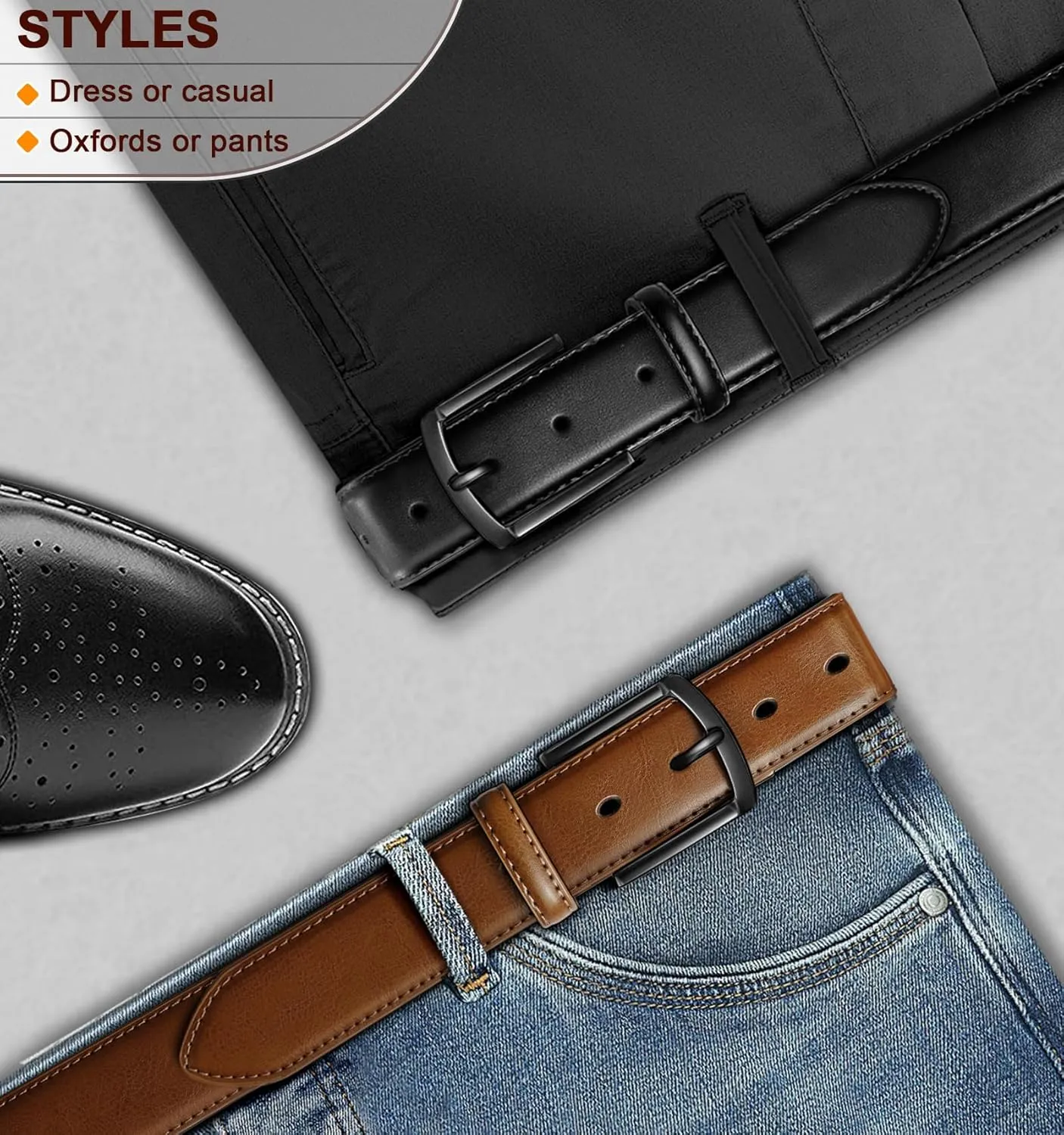 BULLIANT Men Belt 2Pack-Leather Belt 7Holes Comfortable For Men's Dress Casual Jeans 1 3/8"