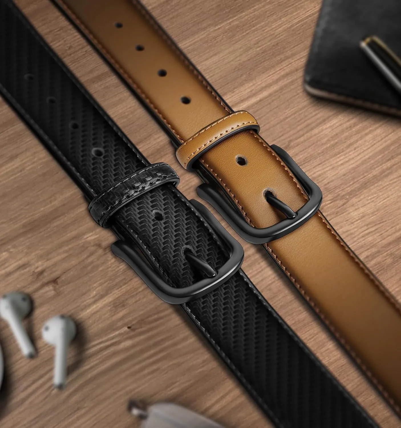 BULLIANT Men Belt 2Pack-Leather Belt 7Holes Comfortable For Men's Dress Casual Jeans 1 3/8"