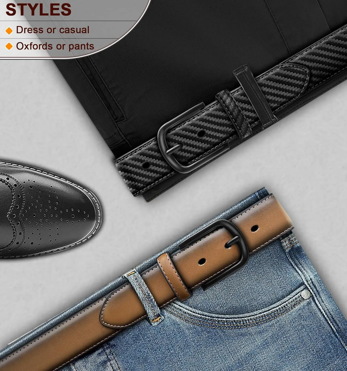 BULLIANT Men Belt 2Pack-Leather Belt 7Holes Comfortable For Men's Dress Casual Jeans 1 3/8"