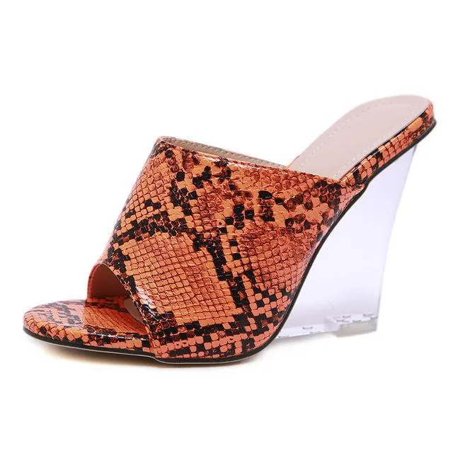 Chicvane Snakeskin Printed Crystal Wedges Sandals Slides Shoes