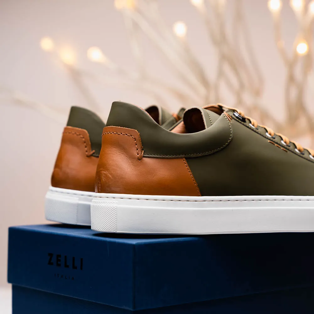 Diaz Matte Finish Rubberized Calfskin Sneaker in Olive Green by Zelli Italia