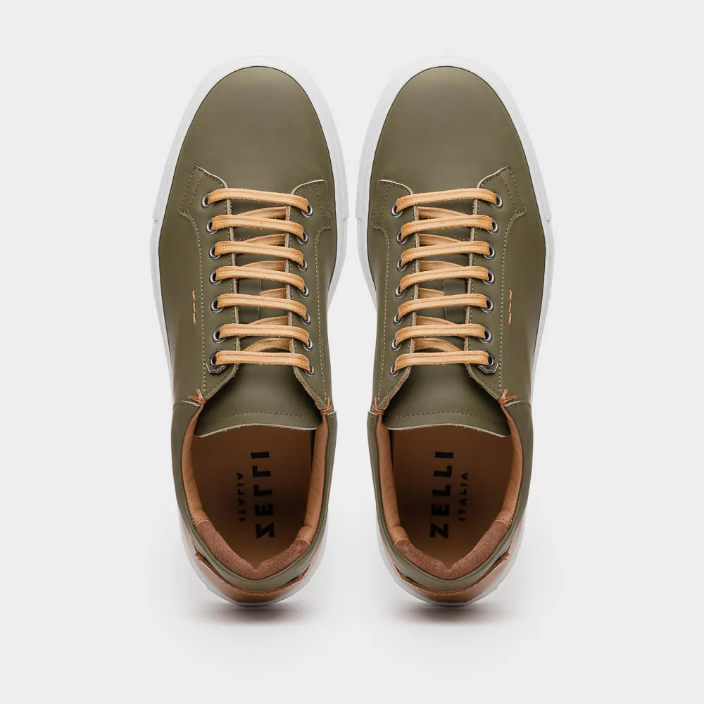 Diaz Matte Finish Rubberized Calfskin Sneaker in Olive Green by Zelli Italia