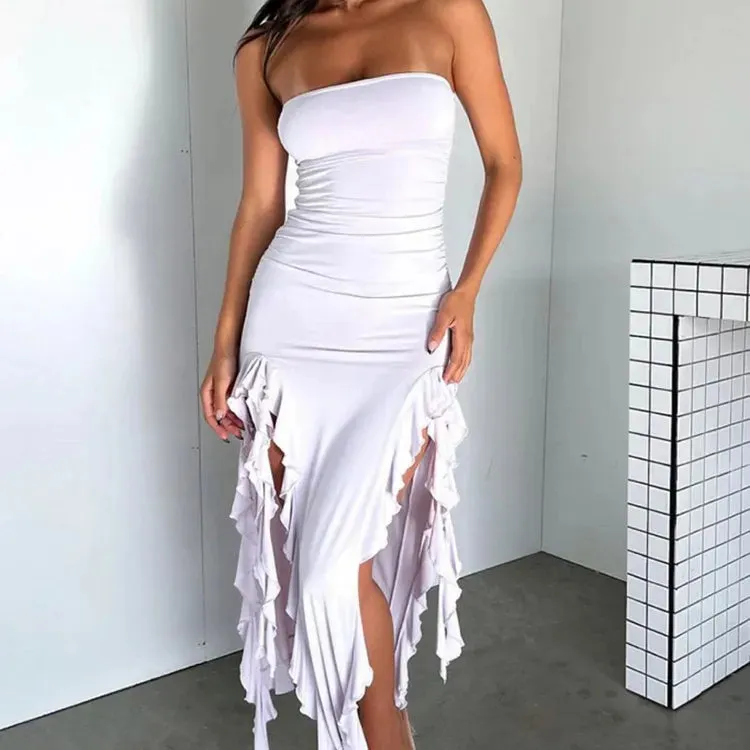 Elegant Ruffles Off Shoulder Women Midi Dress Sexy Strapless Off Shoulder Slim Fit Dress Female Beach Holiday Dress Vestido