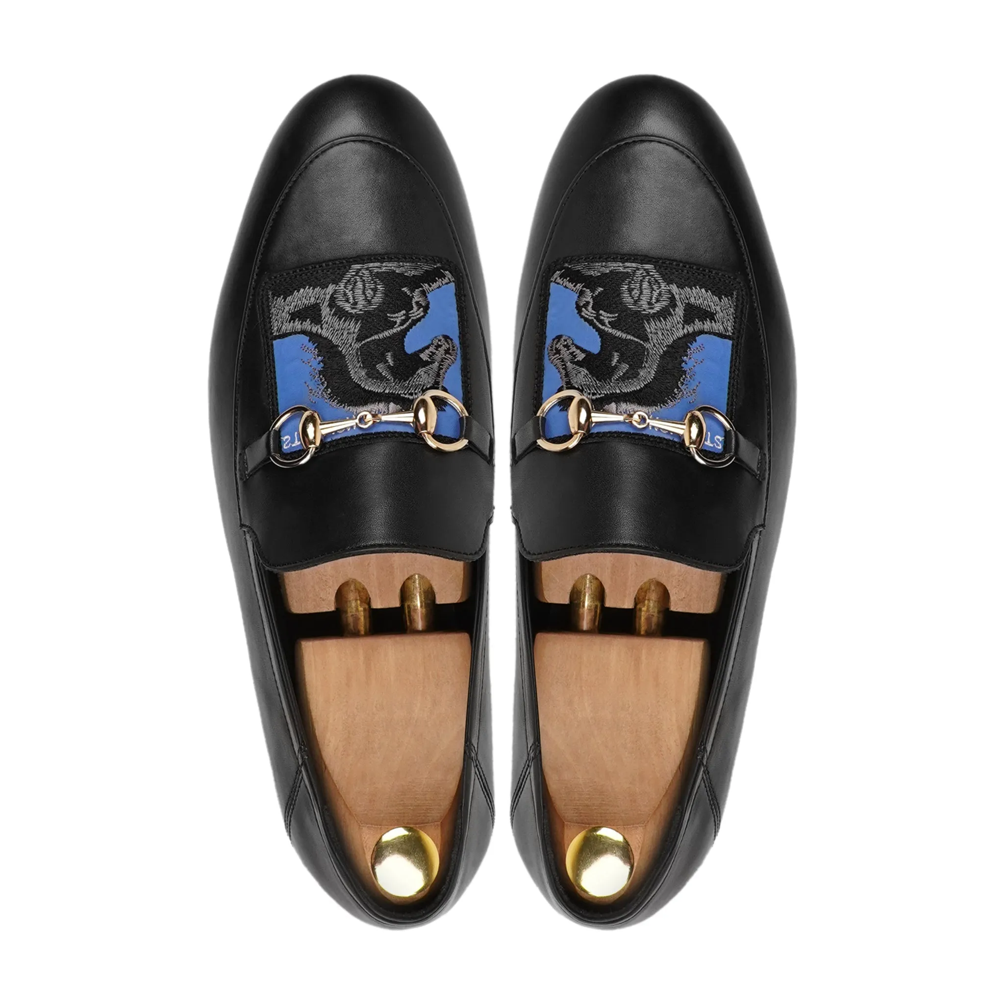 Gemala - Men's Black Calf Leather Horsebit Loafer with Embroidery