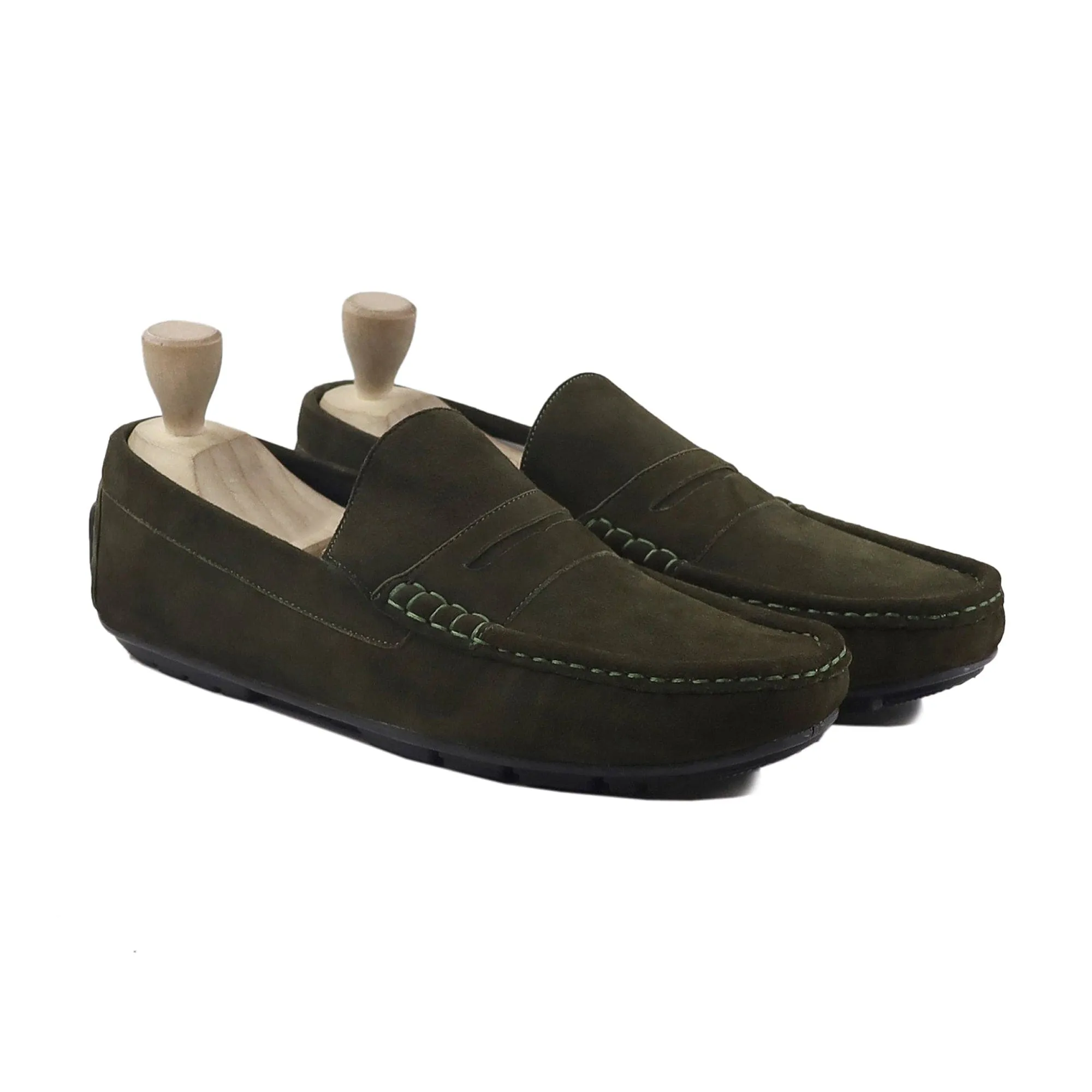 Handmade Custom Olive Green Suede Leather Driver Mens Loafers