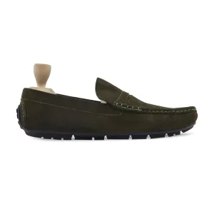 Handmade Custom Olive Green Suede Leather Driver Mens Loafers