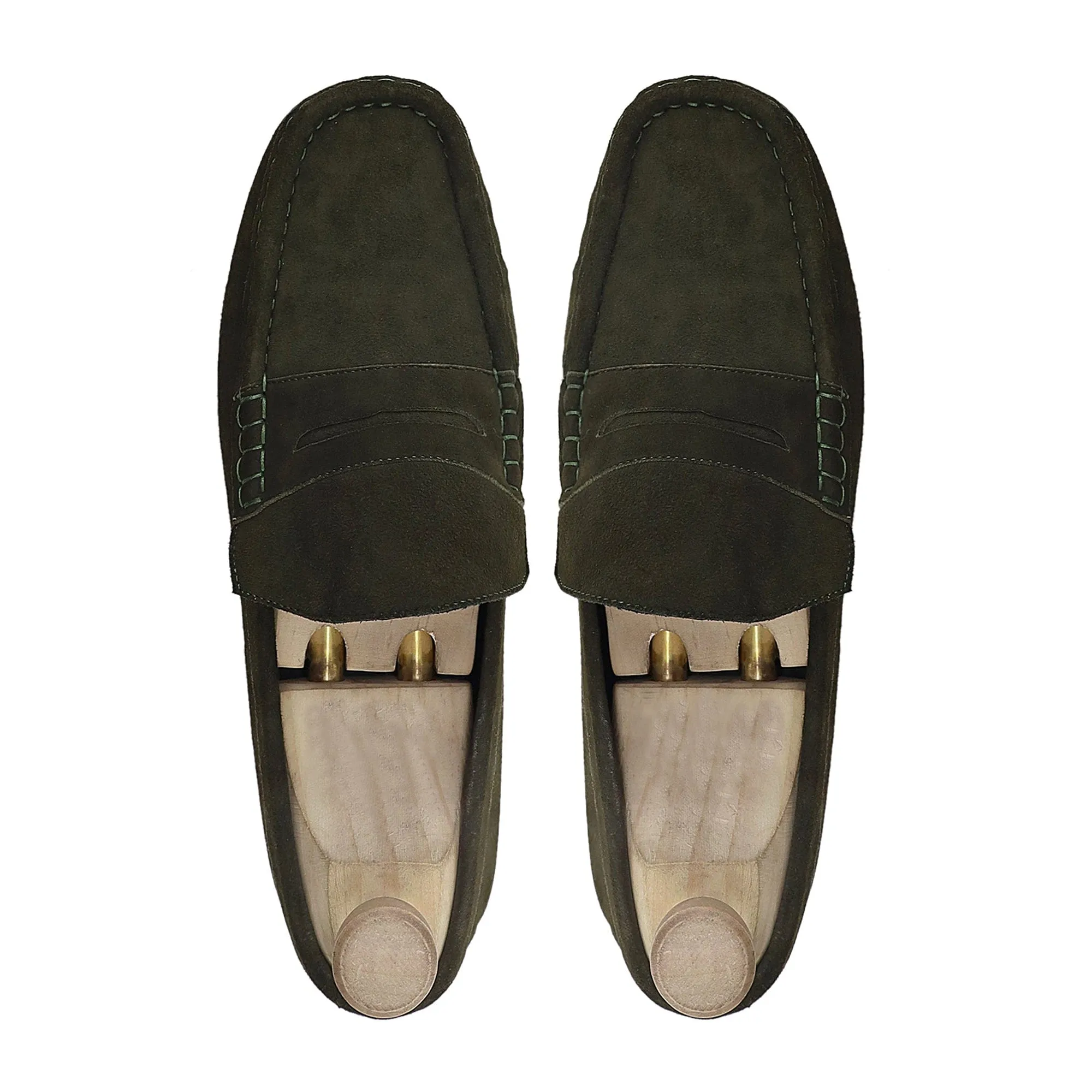 Handmade Custom Olive Green Suede Leather Driver Mens Loafers