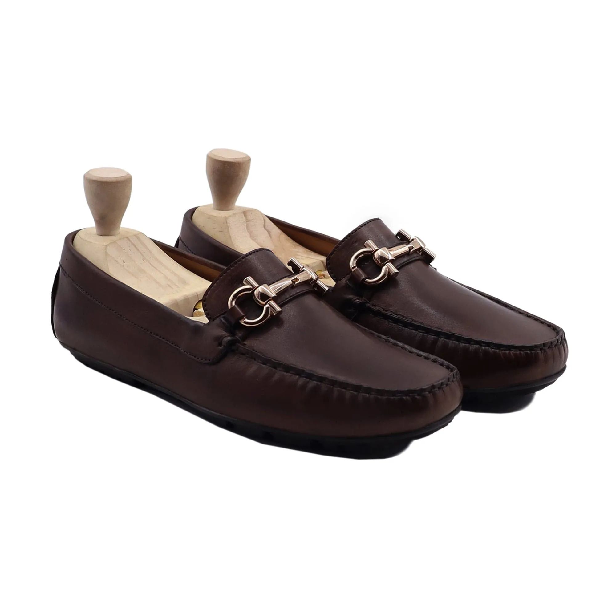 Handmade Custom Reddish Brown Calf Leather Driver Mens Loafers