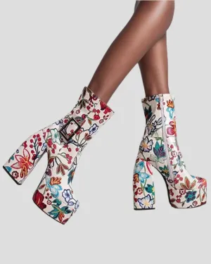 Lisa Vintage Embroidery Platform Ankle Boots