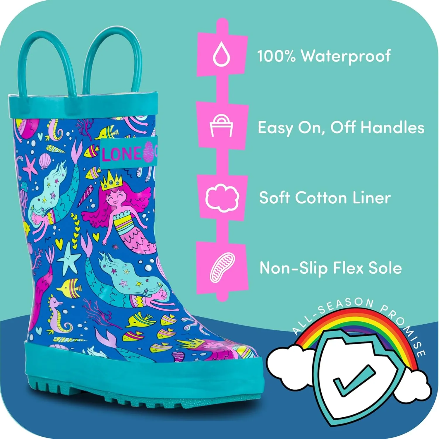 Lone Cone Kids Rain Boots for Girls & Boys ?C Waterproof Natural Rubber Toddler Rain Boots with Non-Slip Outsole & Easy Pull Handles ?C Solid, Pattern & Glitter Designs