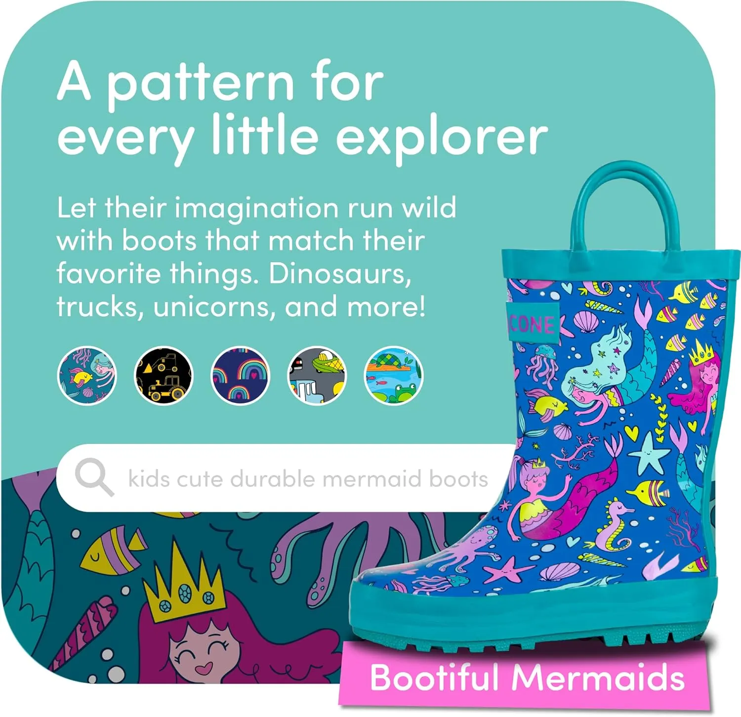 Lone Cone Kids Rain Boots for Girls & Boys ?C Waterproof Natural Rubber Toddler Rain Boots with Non-Slip Outsole & Easy Pull Handles ?C Solid, Pattern & Glitter Designs