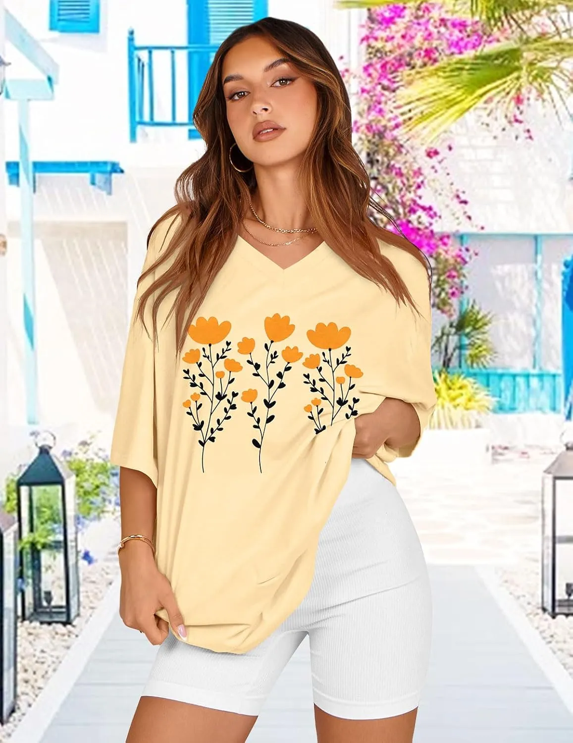 Oversized Tshirts for Women V Neck Short Sleeve Summer Casual Basic Loose Tops