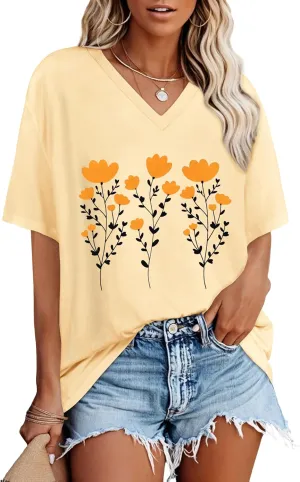 Oversized Tshirts for Women V Neck Short Sleeve Summer Casual Basic Loose Tops