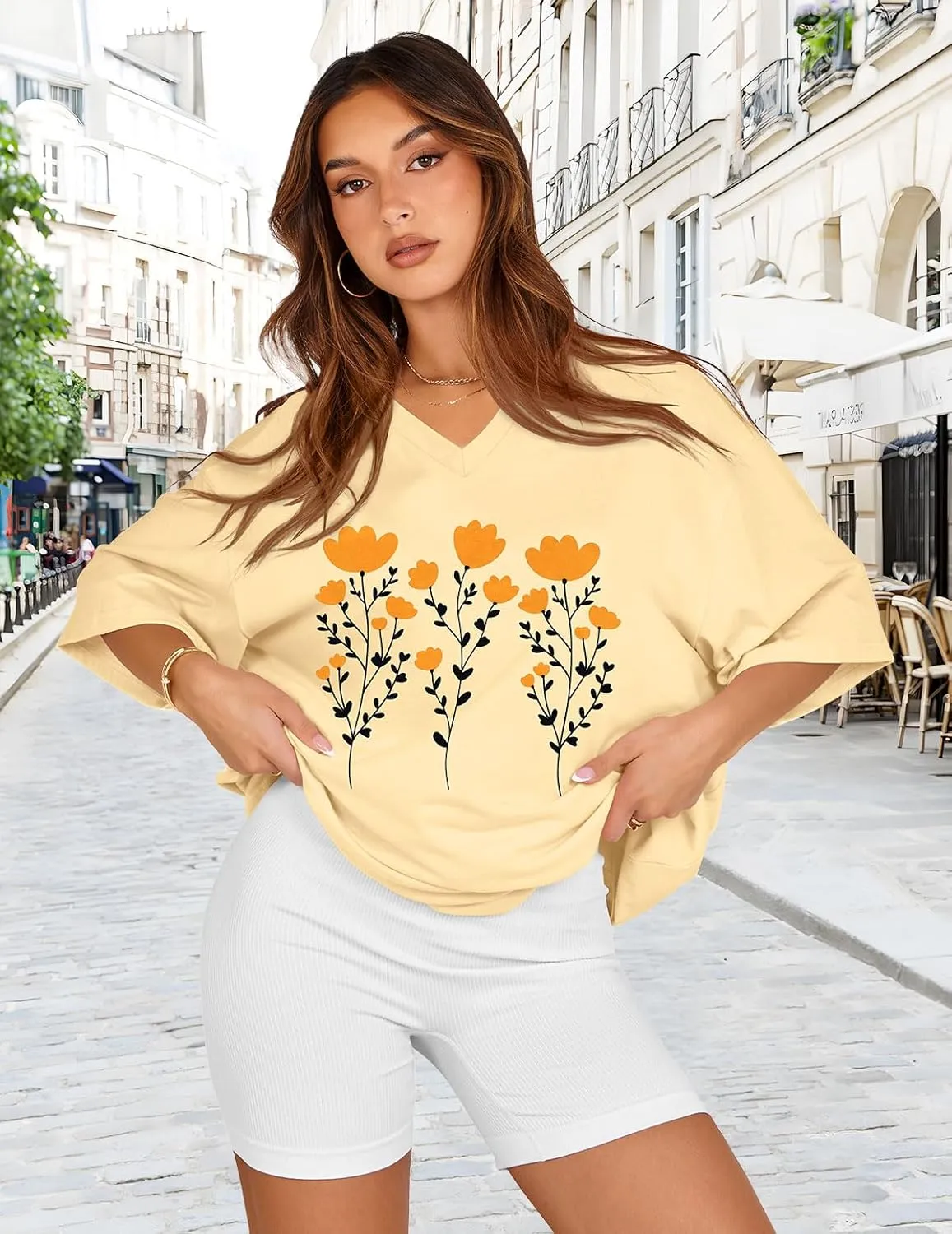 Oversized Tshirts for Women V Neck Short Sleeve Summer Casual Basic Loose Tops