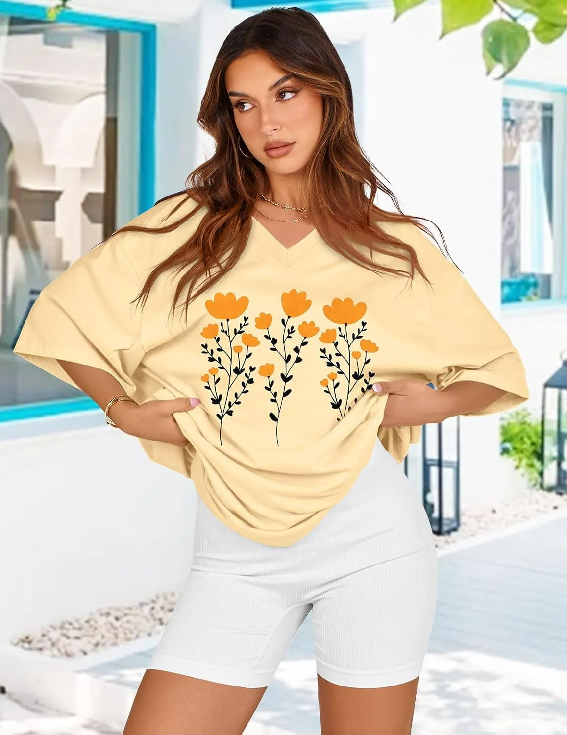 Oversized Tshirts for Women V Neck Short Sleeve Summer Casual Basic Loose Tops