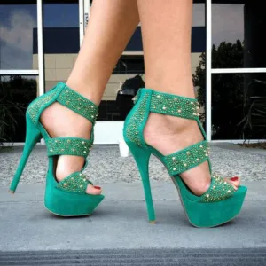 Platform Suede Rhinestone Peep Toe Sandals