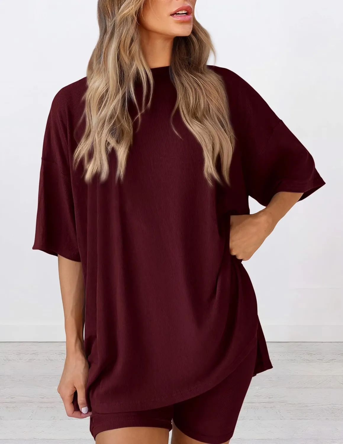 PRETTYGARDEN Women's Two Piece Lounge Set 2025 Summer Casual Oversized Shirts Biker Shorts Matching Airport Travel Outfit