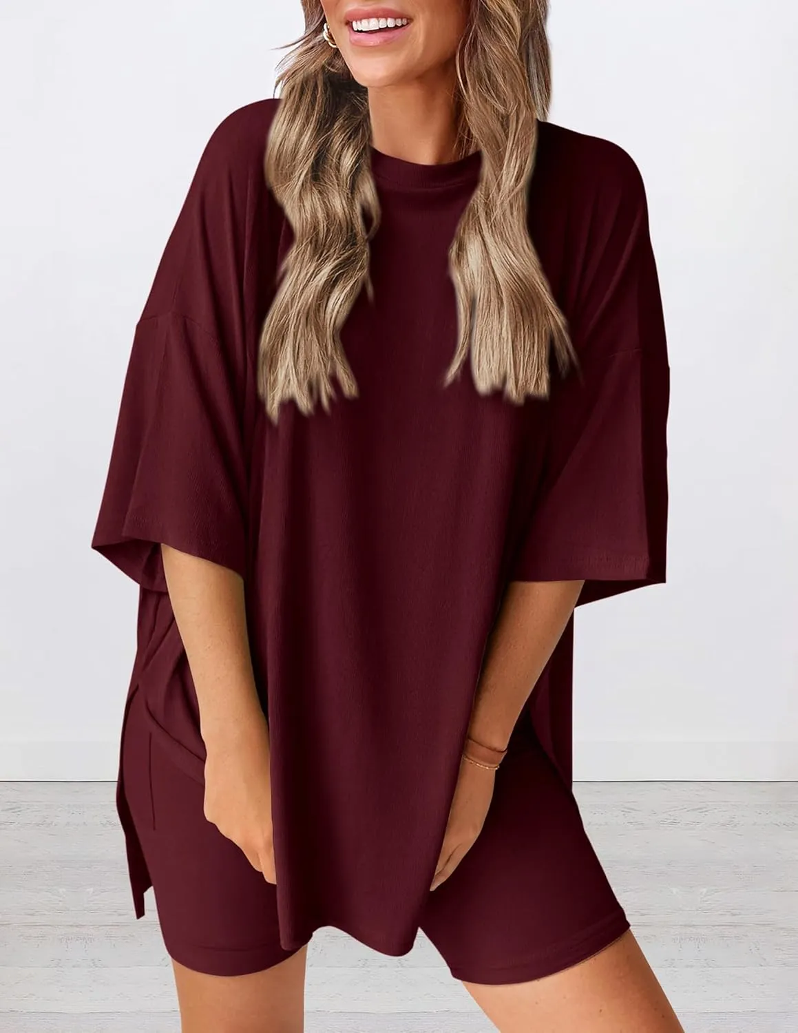 PRETTYGARDEN Women's Two Piece Lounge Set 2025 Summer Casual Oversized Shirts Biker Shorts Matching Airport Travel Outfit