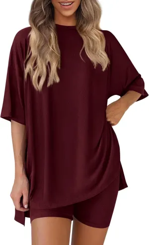PRETTYGARDEN Women's Two Piece Lounge Set 2025 Summer Casual Oversized Shirts Biker Shorts Matching Airport Travel Outfit