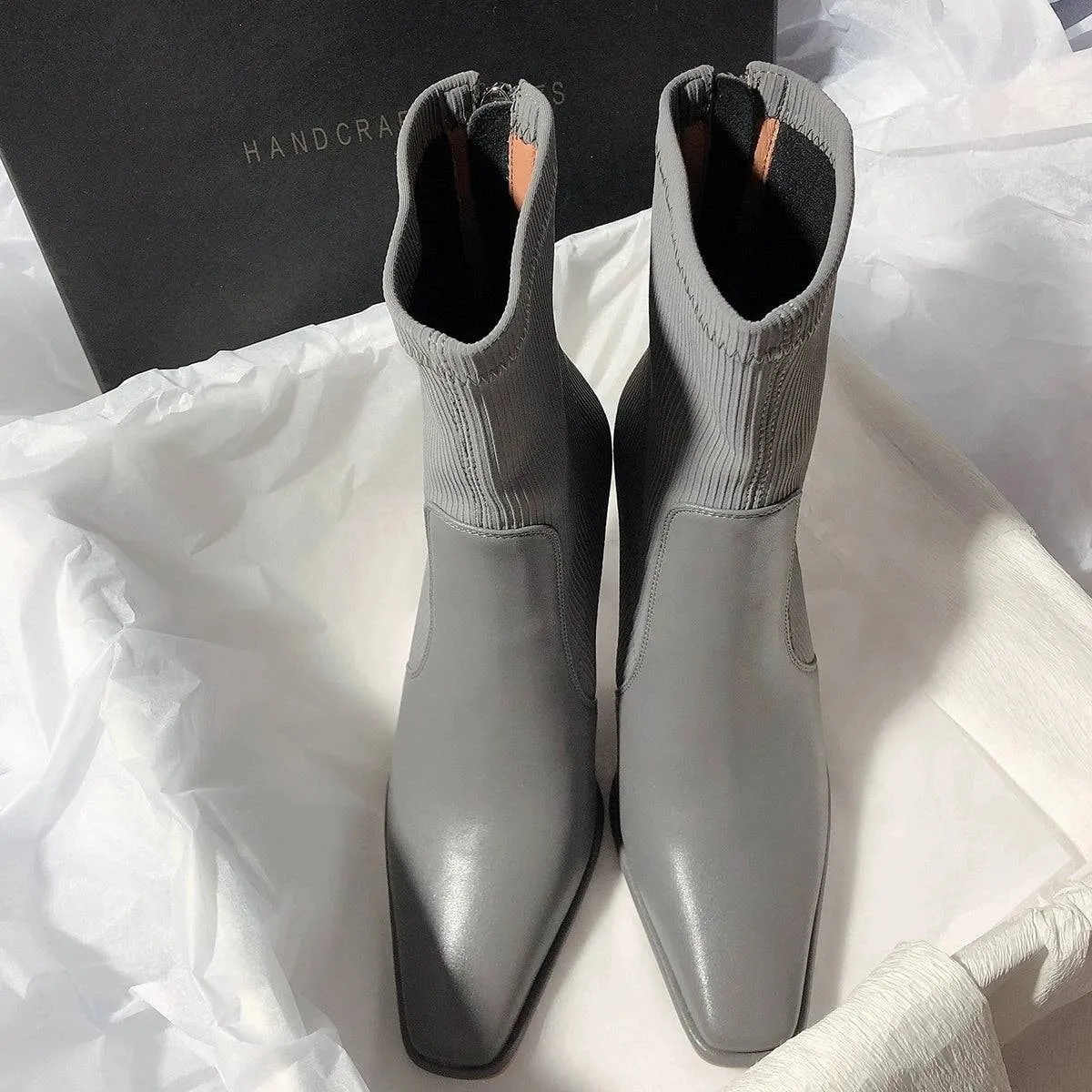 Senyu Sea Lane Korean Style Super High Heel Ankle Boots - Square Toe Stretch Boots for Women