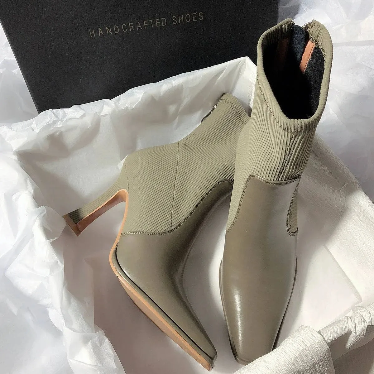 Senyu Sea Lane Korean Style Super High Heel Ankle Boots - Square Toe Stretch Boots for Women