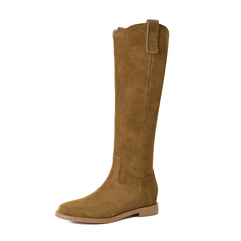 Vintage Cowhide Leather Knee-High Riding Boots with Side Zipper and Low Block Heel in Black/Yellow