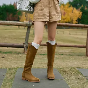 Vintage Cowhide Leather Knee-High Riding Boots with Side Zipper and Low Block Heel in Black/Yellow