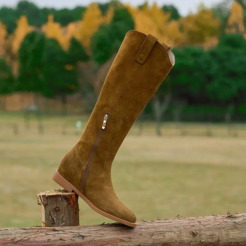 Vintage Cowhide Leather Knee-High Riding Boots with Side Zipper and Low Block Heel in Black/Yellow