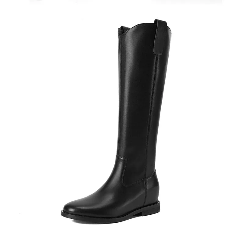 Vintage Cowhide Leather Knee-High Riding Boots with Side Zipper and Low Block Heel in Black/Yellow