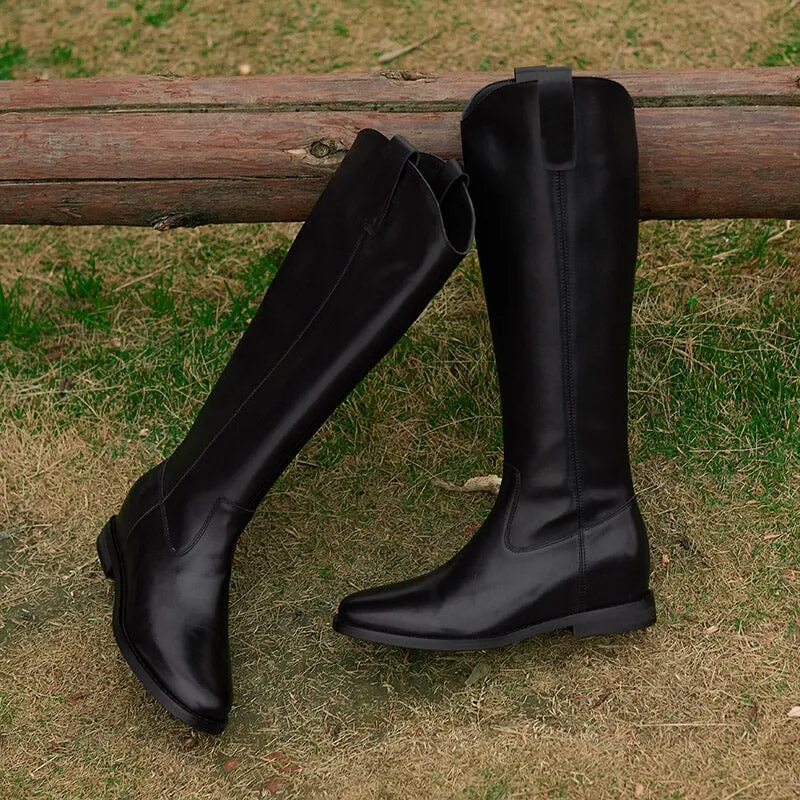 Vintage Cowhide Leather Knee-High Riding Boots with Side Zipper and Low Block Heel in Black/Yellow