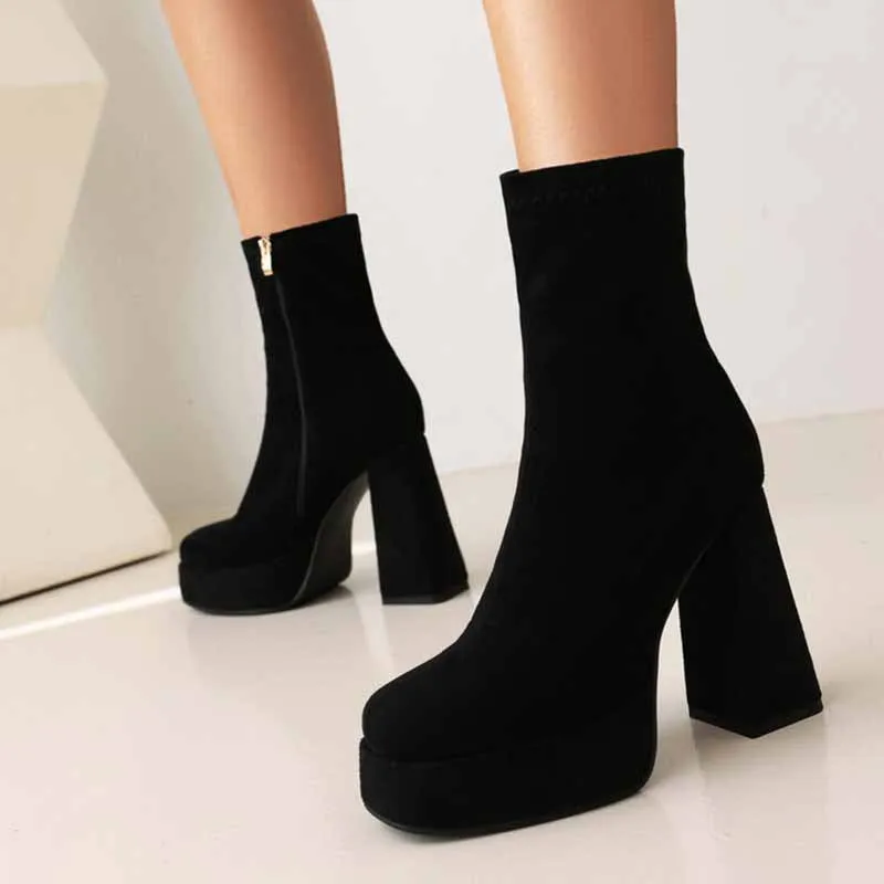Women's chunky heeled fashion boots plus size trendy short bootie