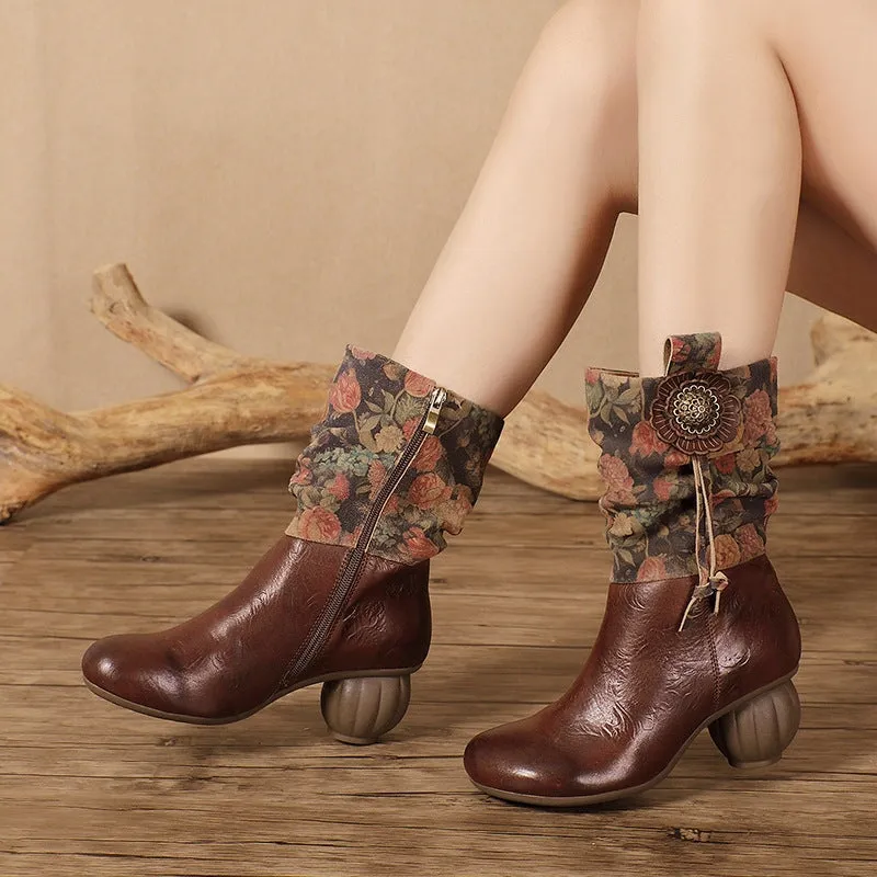 Women's Leather Ankle Boots Retro Comfortable Walking Round Toe Mid Heels in Coffee
