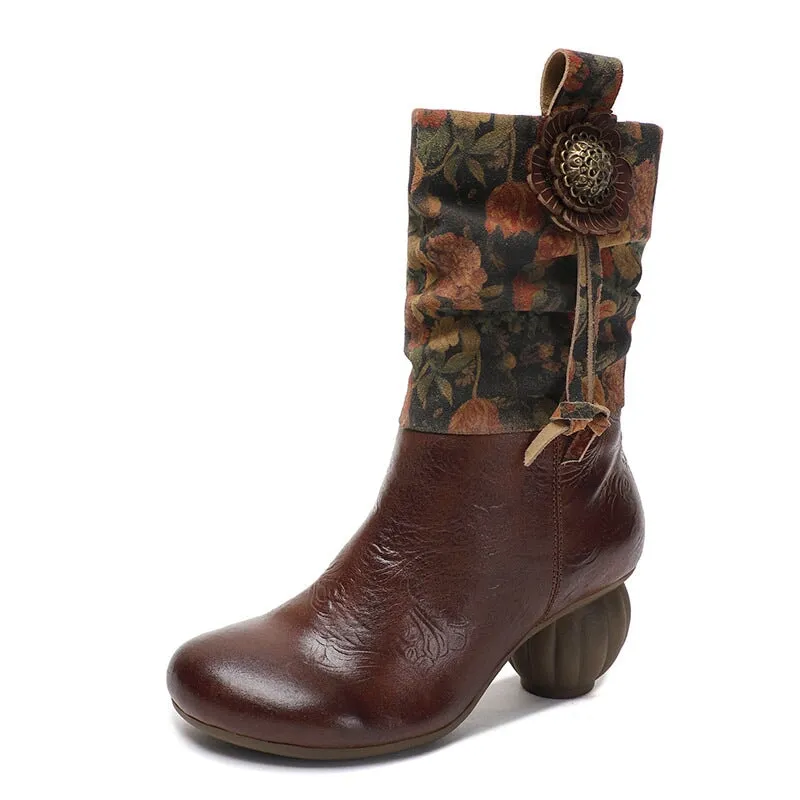 Women's Leather Ankle Boots Retro Comfortable Walking Round Toe Mid Heels in Coffee