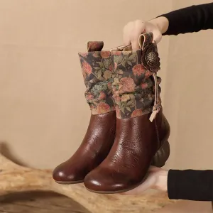 Women's Leather Ankle Boots Retro Comfortable Walking Round Toe Mid Heels in Coffee