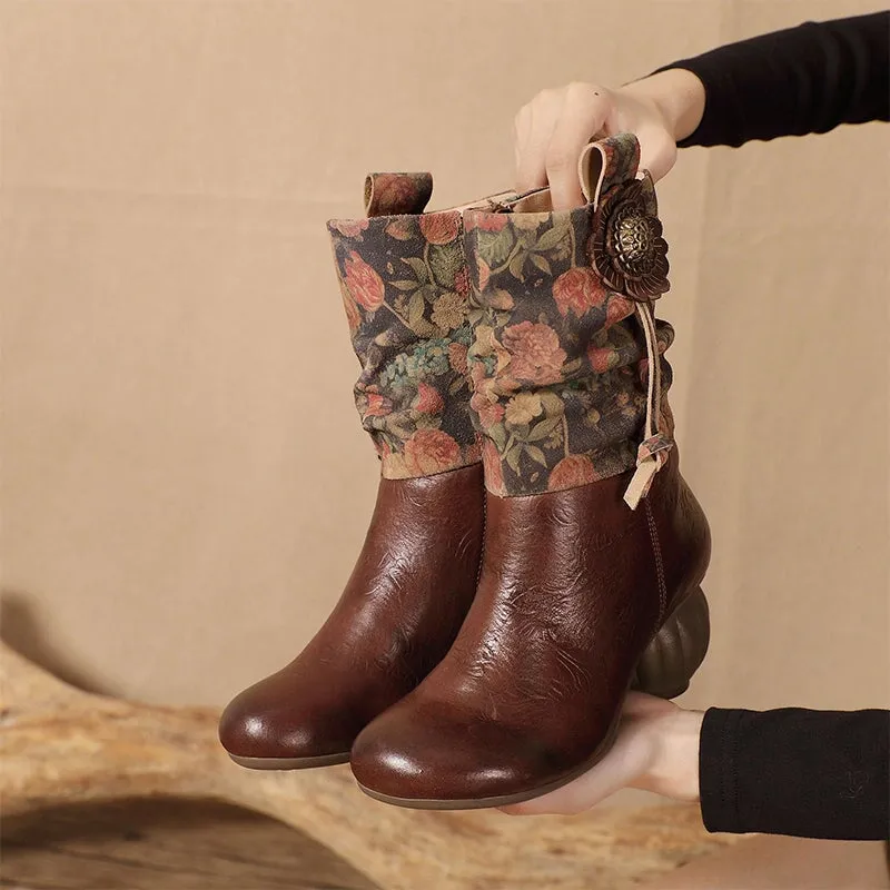 Women's Leather Ankle Boots Retro Comfortable Walking Round Toe Mid Heels in Coffee